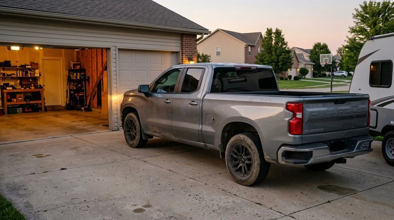 Silverado parked in driveway at dusk